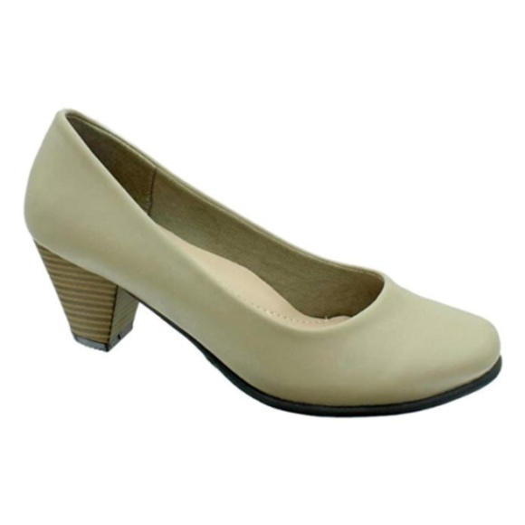 Womens Rounded Toe Pumps Block Heel  Beige Taupe - Picture 1 of 5